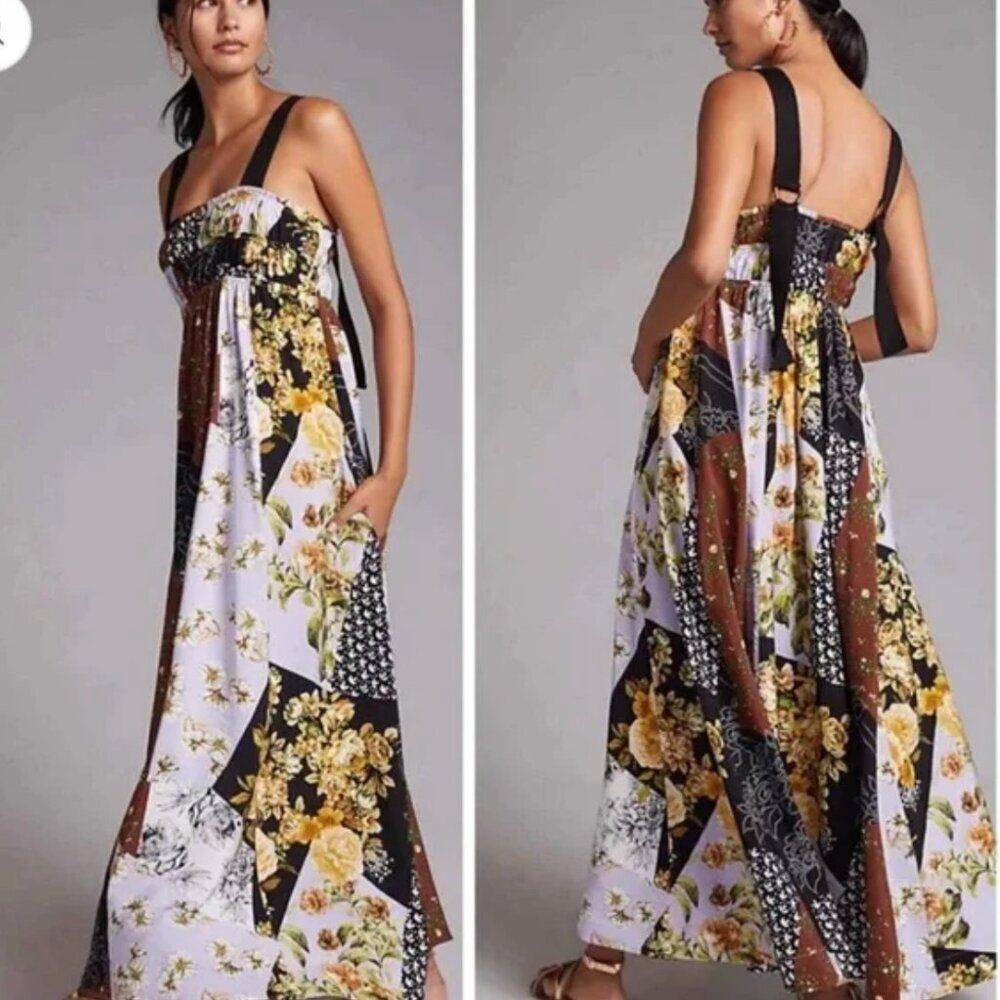Anthropologie Floral Patchwork Maxi Dress in Black, White, Brown, Yellow